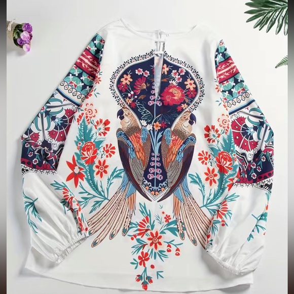 Boho bird and floral print cutout top - Picture 3 of 5